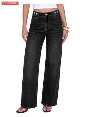 High Rise Wide Leg Stretch Denim Jeans Cinch Waist 30 Inseam